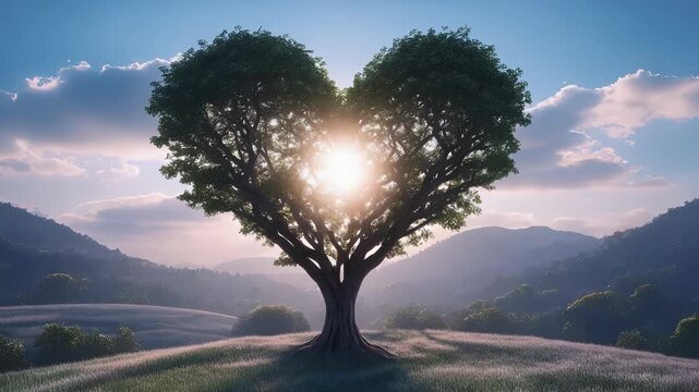 Heart Shaped Tree Silhouette with Sunburst on a Hillside at Sunset, Romantic Landscape, Love and Nature Concept