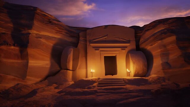 Qasr al-Farid Tomb in Mada'in Saleh, Saudi Arabia, Illuminated by Candles at Dusk, Ancient Nabataean Heritage Site, Sandstone Rock Formation.