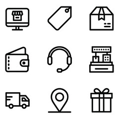 Nine outline icons for e-commerce and delivery services on white background computer monitor