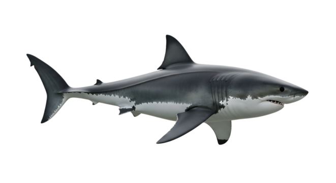 Big great white shark in swimming position standing on transparent background underwater dangerous sea predator marine aquatic creature animal