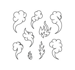 Smoke cloud fire flame doodle line art vector illustration set