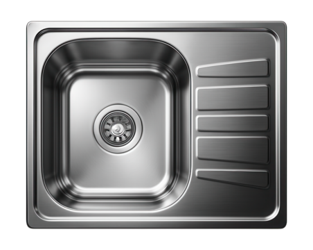 Stainless steel single-compartment sink with reversible drainer, perfect for small spaces.