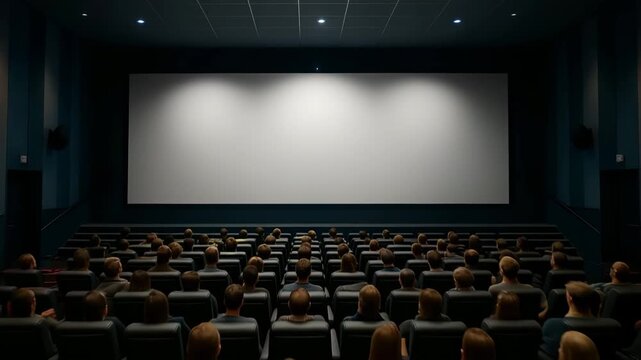Cinematic zoom from the back of an empty movie theater toward the screen