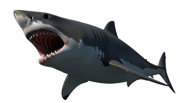 Fearsome great white shark is showing its teeth standing on transparent background underwater marine predator with visible gills aquatic animal