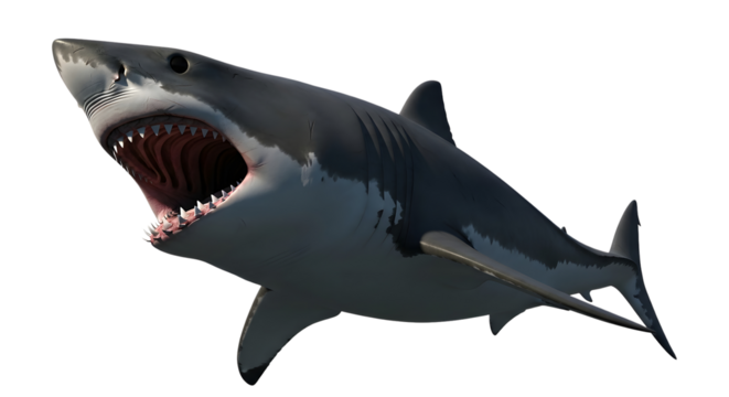 Fearsome great white shark is showing its teeth standing on transparent background underwater marine predator with visible gills aquatic animal