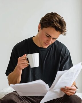 Man enjoying coffee while reading documents.