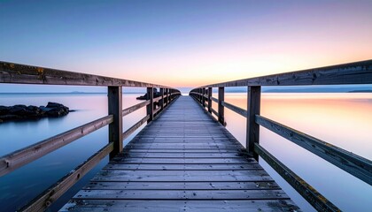 Obraz premium Wooden Pier Extending Over Calm Water At Sunset With Colorful Sky Overcast And Gentle Waves Washing Ashore Over Rocks And Coastline