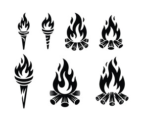 Torch and Bonfire Vector Illustration Set of Burning Fire Elements