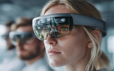 Focused woman wearing glasses engaged in data analysis using futuristic ar headsets for insights