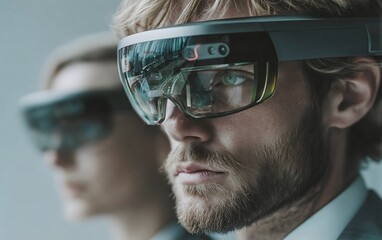 Coworkers utilizing innovative augmented reality glasses for enhanced data analysis in office setting