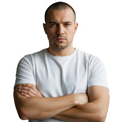 Obraz premium Man with arms crossed wearing a white t shirt isolated on transparent background