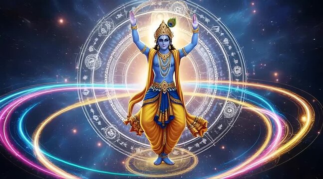 Lord Krishna radiates divine energy in cosmic dance, a vibrant spiritual expression for meditation, yoga, and Hindu religious celebrations