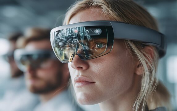 Focused woman wearing glasses engaged in data analysis using futuristic ar headsets for insights - Powered by Adobe