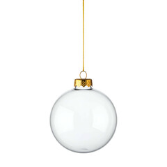 Empty, clear, round ornament with golden cap on string