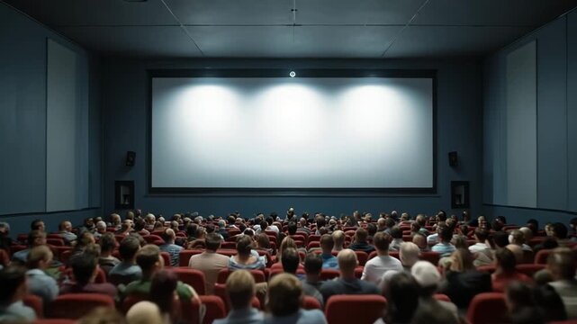 Smooth cinematic zoom flying over a movie theater audience toward the screen