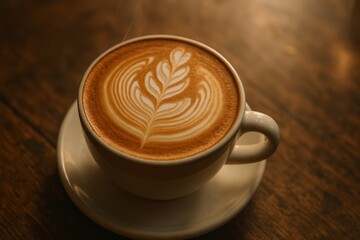 Cup of hot latte with beautiful milk foam art on wooden table in warm morning light, cozy coffee shop atmosphere.