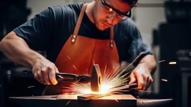 Skilled Blacksmith Forging Hot Metal on an Anvil in a Workshop.