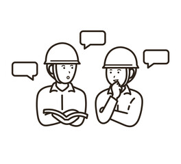 仕事について話す土木技師の男性二人のイラスト　線画のみ