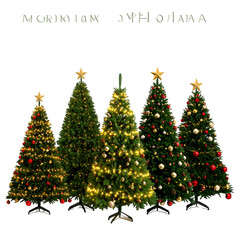 Five decorated evergreen trees with stars, baubles, and lights