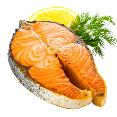 Juicy, pan-seared salmon steak with lemon slice and dill