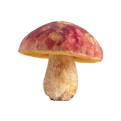 A single mushroom with a reddishpurple cap and tan stem, isolated on transparent background