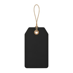 Fototapeta premium A black tag with rounded corners and a brown string on a white background view front