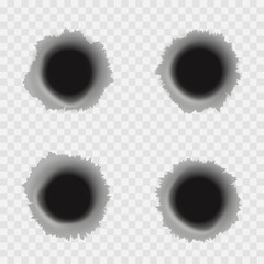 Bullet holes. Set isolated on transparent background. Vector mockup.