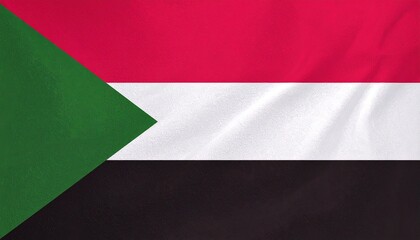 National flag of Sudan with red, white, and black horizontal stripes and a green triangle at the hoist, symbolizing struggle, peace, identity, and prosperity.