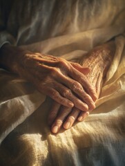 Fototapeta premium portrait of an elderly woman's hands resting on linen fabric, golden sunlight