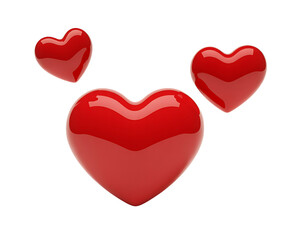 Group of glossy red hearts on transparent background for artwork