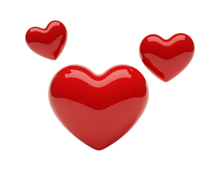 Group of glossy red hearts on transparent background for artwork