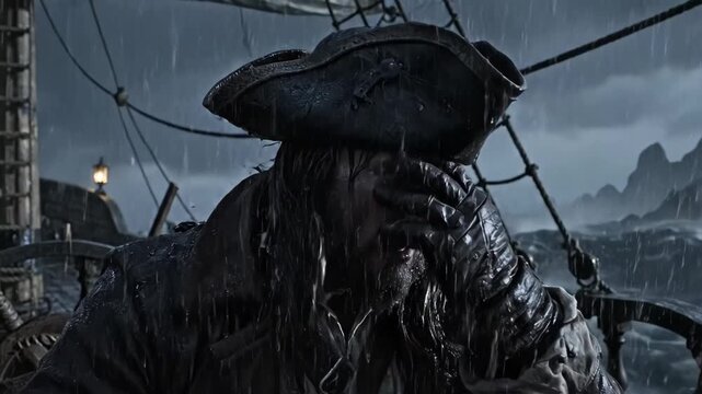 Pirate in Stormy Weather - A grizzled pirate stands at the helm of his ship during a violent storm, rain pouring down and lightning flashing in the sky. The man is soaked and looks battle-hardened.