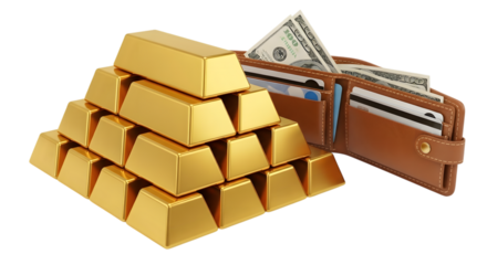 Pyramid of gold bars and a brown leather wallet filled with us dollar bills isolated on transparent background