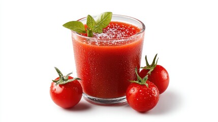Fresh tomato juice in glass with basil garnish and ripe red tomatoes on white background, healthy vegetable drink, organic smoothie beverage