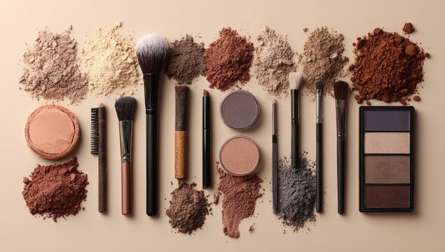 Makeup Products and Brushes Arranged on a Beige Surface.