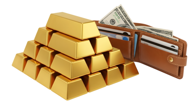 Pyramid of gold bars and a brown leather wallet filled with us dollar bills isolated on transparent background