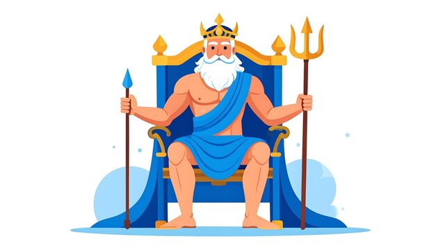 Animated depiction of a regal figure with a white beard, wearing a crown & holding trident & spear while sitting on a throne