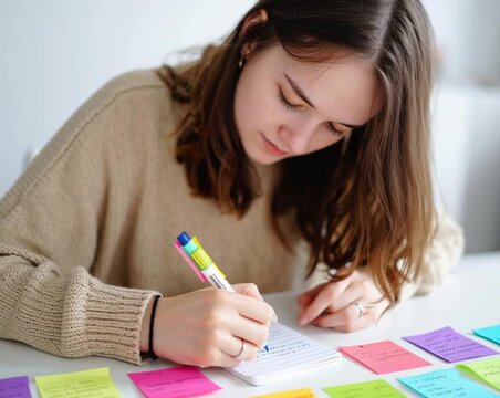 Person writing notes on sticky paper sheets.