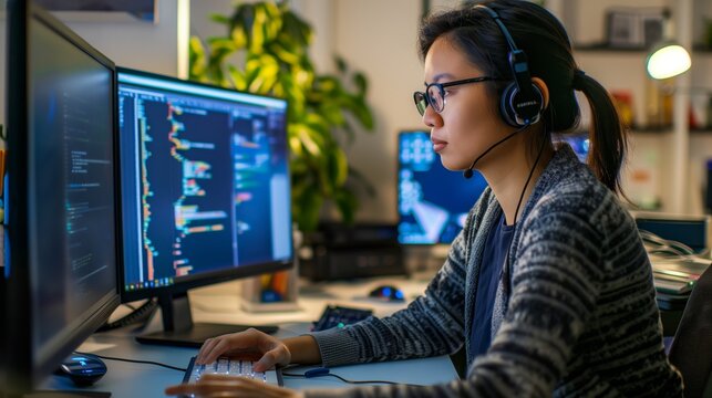 A woman works as an operator specialist in a computer data center in front of many monitors with charts and data