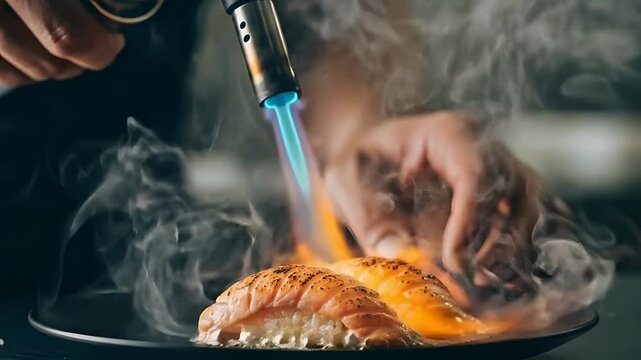 Chef Searing Salmon Nigiri Sushi with a Blowtorch Close Up