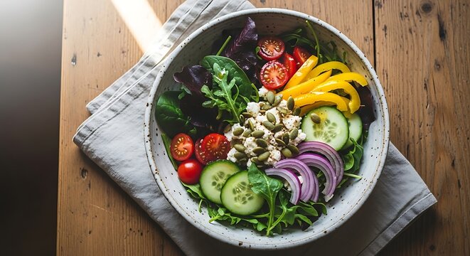 Vibrant and healthy buddha bowl packed with fresh vegetables and protein