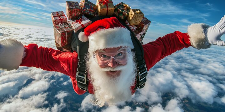 Santa Claus as a skydiver jumps to earth with a parachute and many gifts on his back