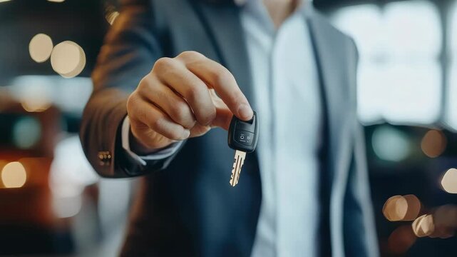 Salesman handing over your new car keys, dealership and sales concept, new car on background, advertising for rent or sales. New car owner holding key in car showroom. Special offer, electric car sale