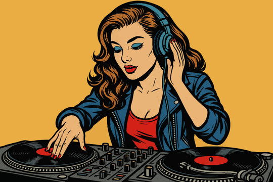 Stylish woman DJ with headphones mixing vinyl records on turntables, portrayed in vibrant retro pop art comic book style. Generative ai vector colorful pop art illustration.