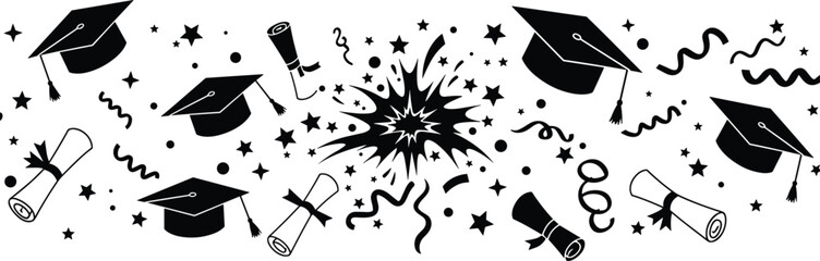 Graduation celebration vector—caps, diplomas, confetti, and burst for academic success and milestone-themed festive compositions