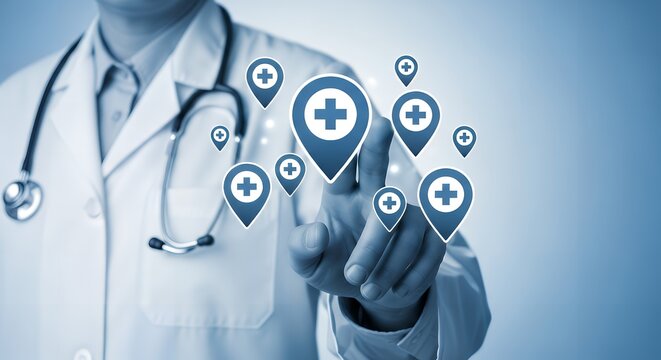 Doctor in white coat pointing at health location icons on blue background