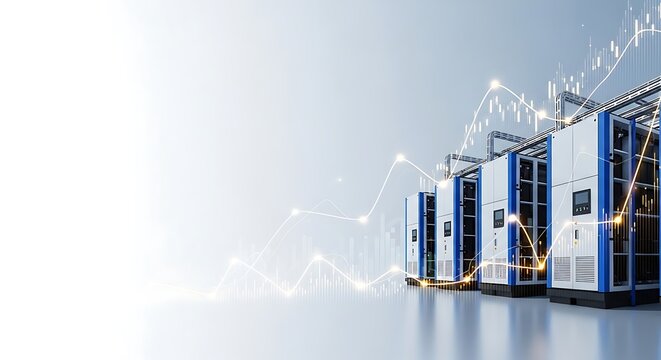 Data center servers with technology graphics in blue and white tones   - Powered by Adobe