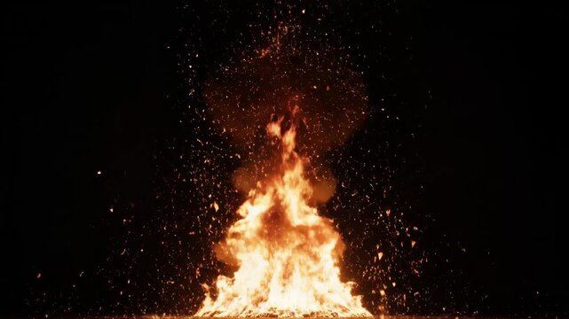 Fireball with Sparks - A bright orange and yellow fireball rises up in the center of the video against a black background. Sparks and embers are seen flying up and out from the fire.