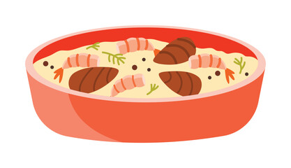 Traditional Croatian seafood stew with shrimp and herbs in a red bowl isolated vector illustration