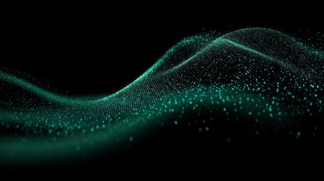 A vibrant display of green particles flows seamlessly, forming waves that dance across a dark backdrop. This abstract visualization evokes a sense of movement and rhythm in a digital realm